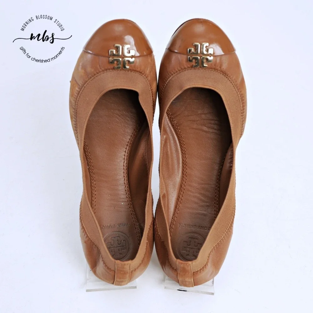 Tory Burch Jolie Cap Toe‎ Classic Preppy Leather Ballet Flats Brown Gold Women 6